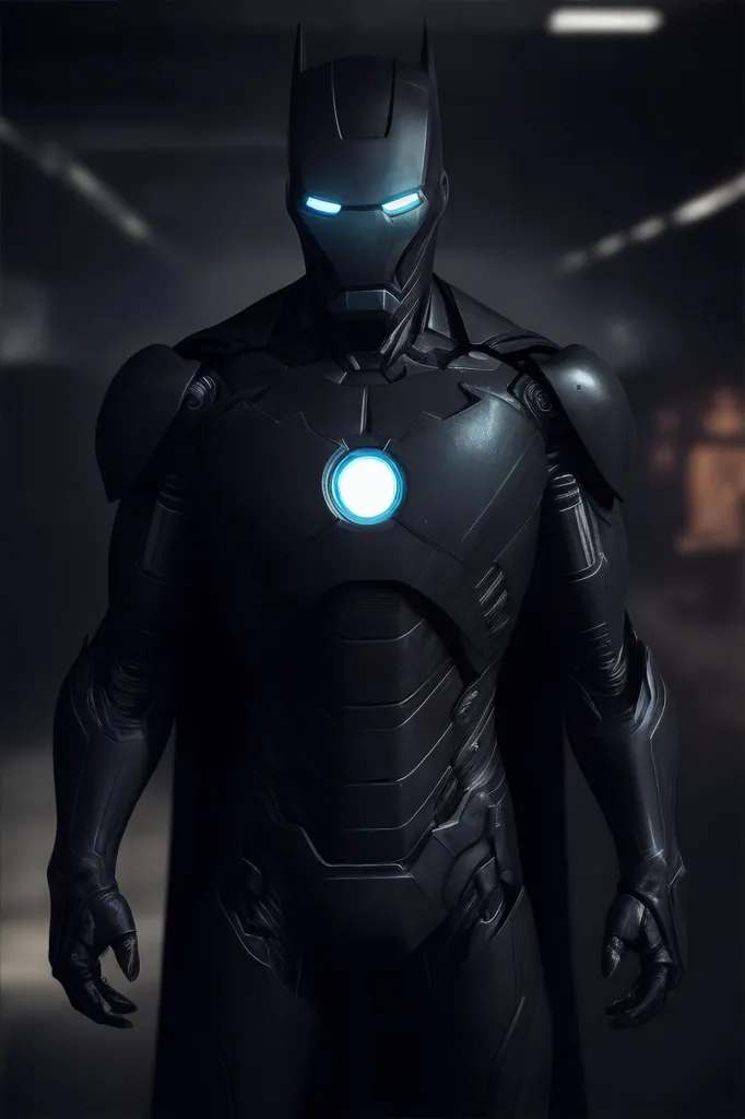 The image shows a superhero wearing a black and blue suit of armor. The character is standing in a dark room, with a spotlight shining down on him. The suit of armor is made of metal, and has a glowing blue arc reactor on the chest. The character is wearing a mask that covers his face, and has a pair of glowing blue eyes. The character is standing in a powerful pose, with his fists clenched at his sides.