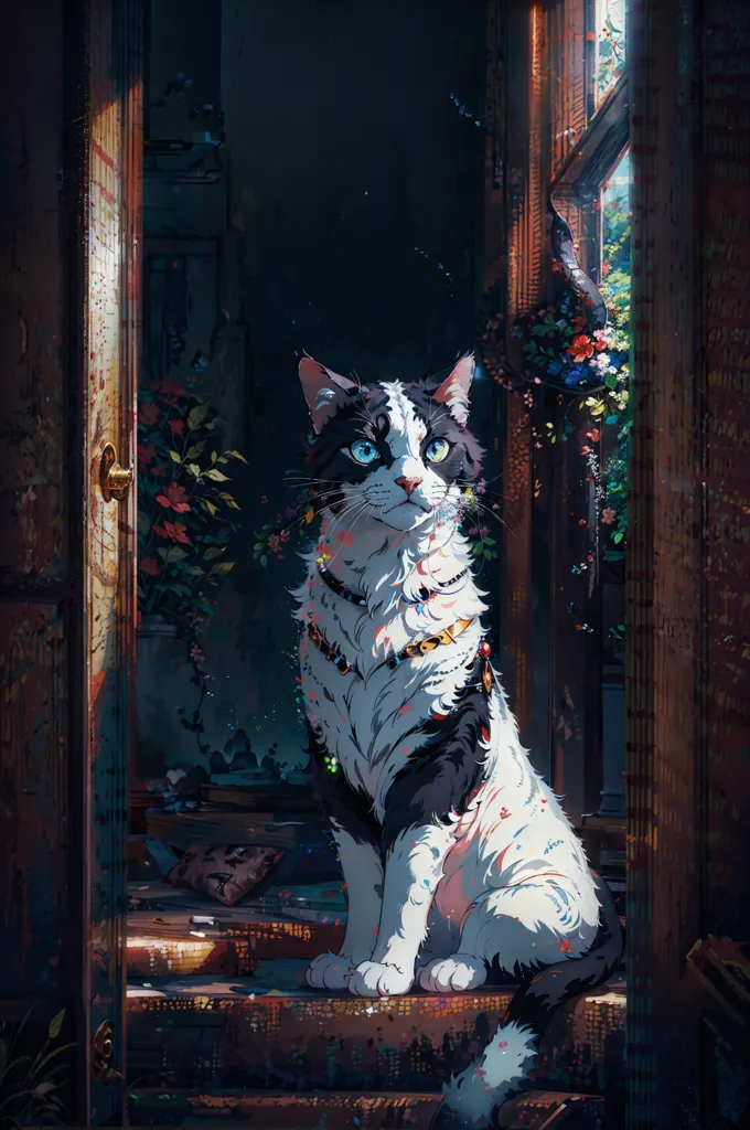 The image is a painting of a cat sitting in a doorway. The cat is black and white with blue eyes. It is wearing a necklace with a golden bell. The doorway is made of wood and has a glass window. There are plants growing around the doorway. The painting is done in a realistic style and the colors are vibrant and lifelike.