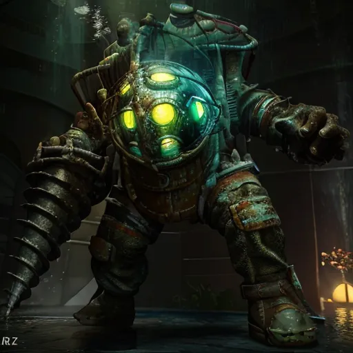 The image shows a Big Daddy from the BioShock video game series. It is a large, hulking creature that is mostly made of metal. It has a glowing green eye and a drill for a hand. It is standing in a dark, underwater setting.