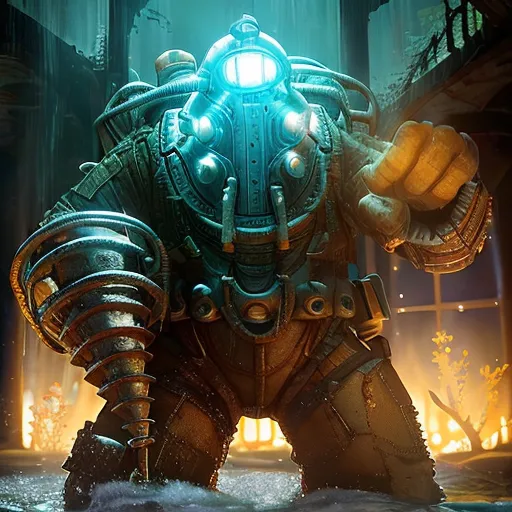 The image shows a Big Daddy from the BioShock video game series. He is standing in a flooded room, and his body is covered in water and rust. He is wearing a helmet with a single glowing eye, and he is carrying a drill. He looks like he is ready to attack.