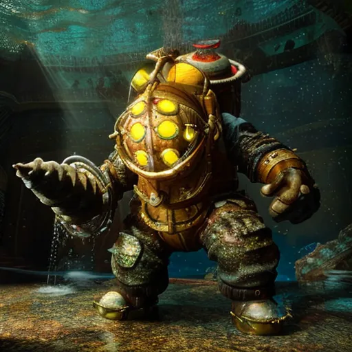 The image shows a Big Daddy from the BioShock video game series. It is a large, hulking creature that is covered in armor and has a drill for a hand. It is standing in a dark, underwater setting and is surrounded by water. The Big Daddy is looking at the camera with its glowing yellow eyes.