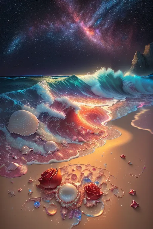 The image is a beautiful depiction of a beach at night. The sky is dark and filled with stars, and the waves are gently crashing on the shore. The sand is pink and glittery, and there are seashells and starfish scattered around. There are also several roses on the beach. The overall effect is one of beauty and tranquility.