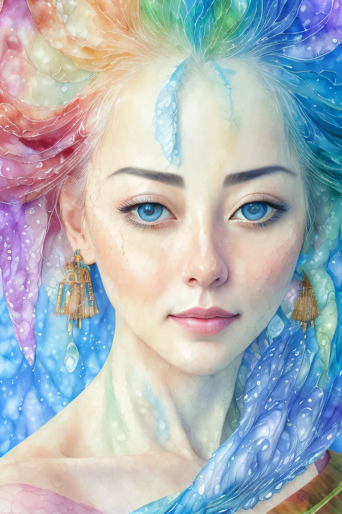 The image is a painting of a woman with rainbow hair. She has blue eyes and is wearing a gold earring. Her hair is flowing around her head and she is looking at the viewer with a serene expression. The background is white with a hint of blue.