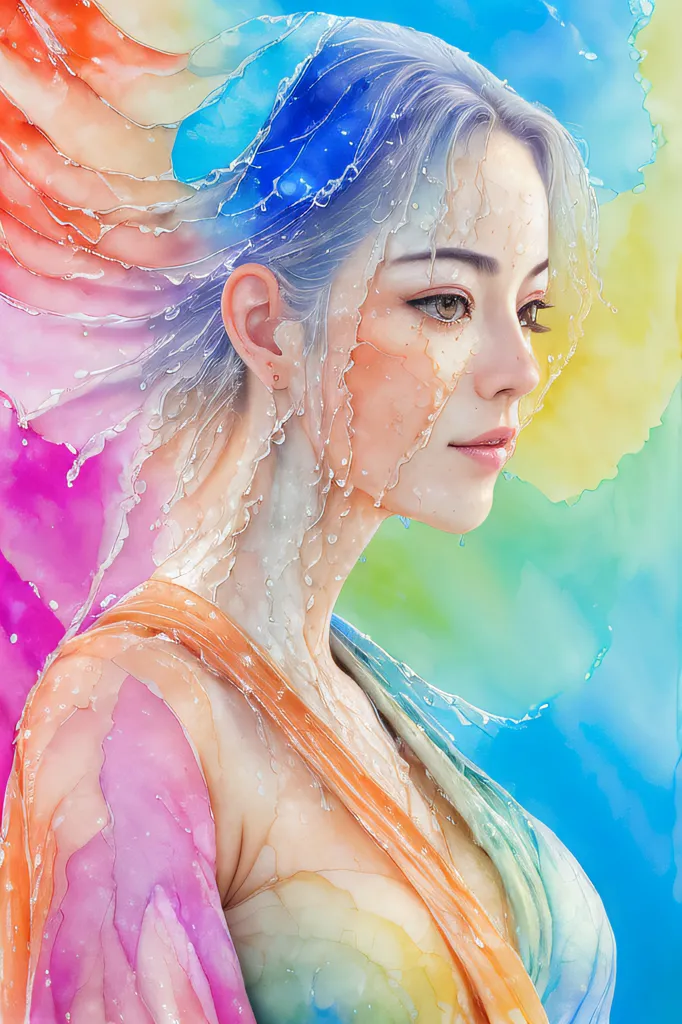 The image is a painting of a woman's face. The woman has light colored hair and light brown eyes. She is wearing a colorful dress. The background is a rainbow of colors. The painting is done in a realistic style. The woman's expression is one of calm and serenity.