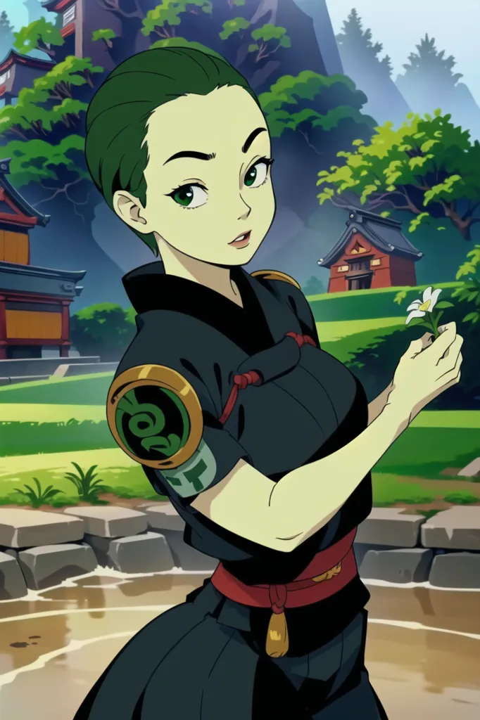 The image is of a young woman with green hair and eyes. She is wearing a black kimono with a white obi. She is standing in a field of flowers and there is a traditional Japanese house in the background. The woman is smiling and holding a flower in her hand. She has a confident expression on her face.