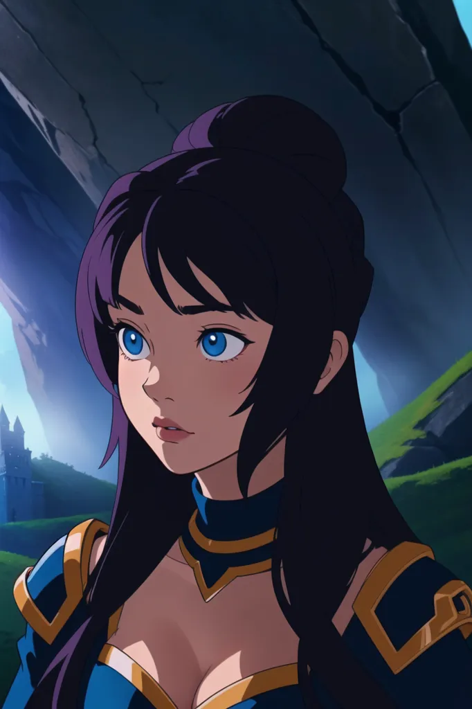 The image is of a young woman with long, dark purple hair and blue eyes. She is wearing a blue and gold outfit and has a determined expression on her face. She is standing in front of a stone wall with a castle in the distance.