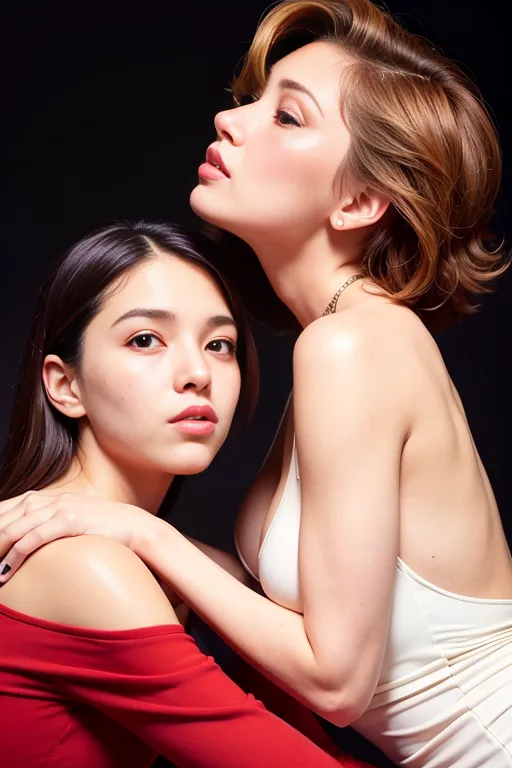 This is an image of two Asian women. The woman on the left is wearing a red dress and the woman on the right is wearing a white dress. The woman in the red dress has long dark hair and the woman in the white dress has short brown hair. The woman in the white dress is holding the woman in the red dress by the shoulder. They are both looking at the camera.