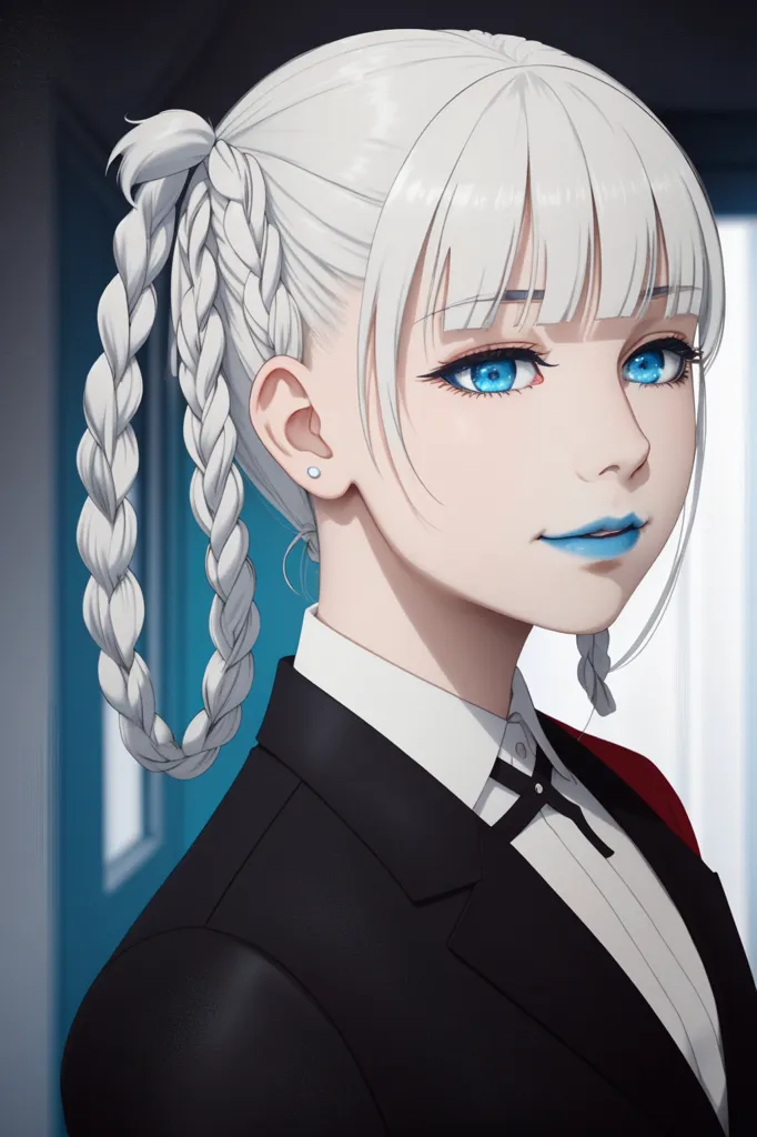 This is an image of a young woman with white hair and blue eyes. She is wearing a black suit jacket with a white shirt and tie. Her hair is in two long braids. She has a beauty mark on her left cheek. She is looking at the viewer with a slight smile on her face.