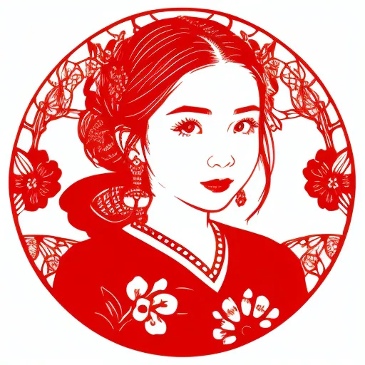 This is a picture of a young woman with long hair wearing a kimono. The image is made of red paper cut into intricate shapes. The woman's hair is pulled back into a bun and she is wearing traditional Japanese earrings. The background is white, which makes the red paper cut-out stand out. The image is likely a representation of a Japanese woman, possibly a geisha.