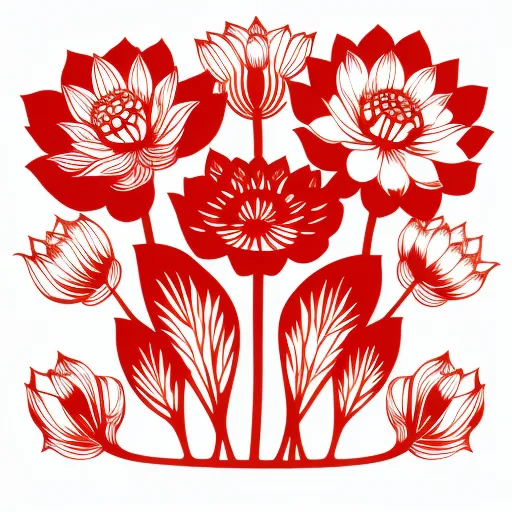 L'image est une découpe de papier rouge de fleurs de lotus. La découpe de papier est faite d'une seule feuille de papier rouge qui a été découpée en forme de fleurs de lotus. La découpe de papier a un design symétrique, avec les fleurs de lotus disposées en cercle autour d'un point central. Les fleurs de lotus sont représentées à différents stades de floraison, certaines fleurs étant complètement ouvertes et d'autres encore des boutons fermés. La découpe de papier comprend également quelques feuilles et tiges, ce qui ajoute au design global. La découpe de papier est réalisée avec beaucoup de détails, et l'artiste a utilisé une variété de techniques de découpe pour créer les différentes formes et textures des fleurs de lotus et des feuilles. La découpe de papier est une œuvre d'art belle et complexe, et elle témoigne de la compétence de l'artiste.