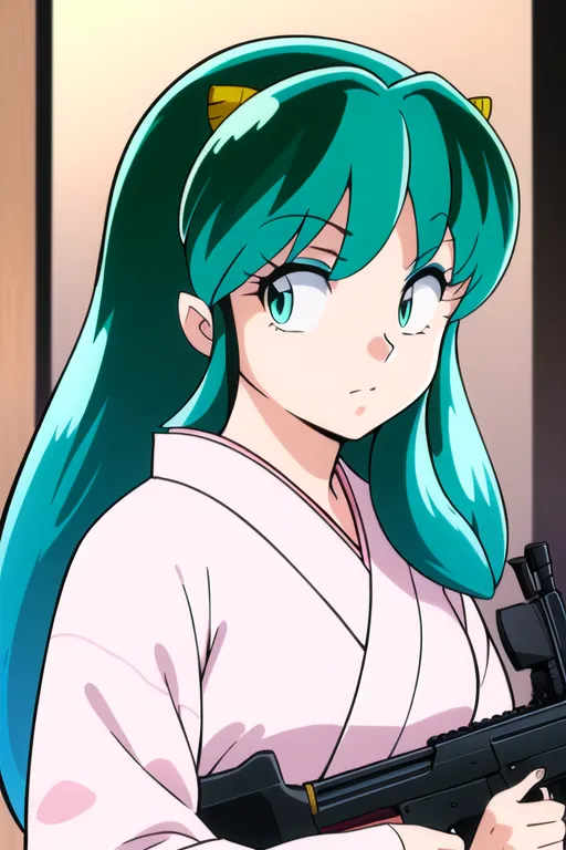 The image shows a young woman with long green hair and blue eyes. She is wearing a pink kimono and holding a gun. She has a serious expression on her face. The background is a blurred image of a city.