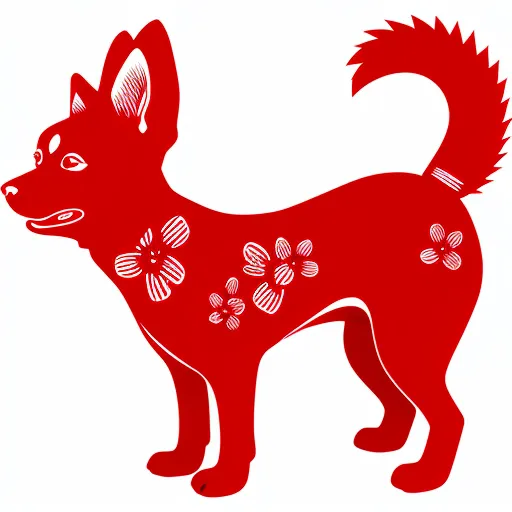 L'image montre un chien rouge tourné vers la gauche avec un contour blanc. Le chien a des oreilles pointues, une longue queue et un motif floral sur son corps.