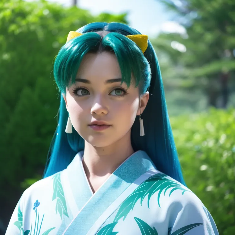 The picture shows a young woman with long blue hair. She is wearing a traditional Japanese kimono with a floral pattern. The woman's eyes are green and her skin is fair. She is standing in a garden with a blurred background.