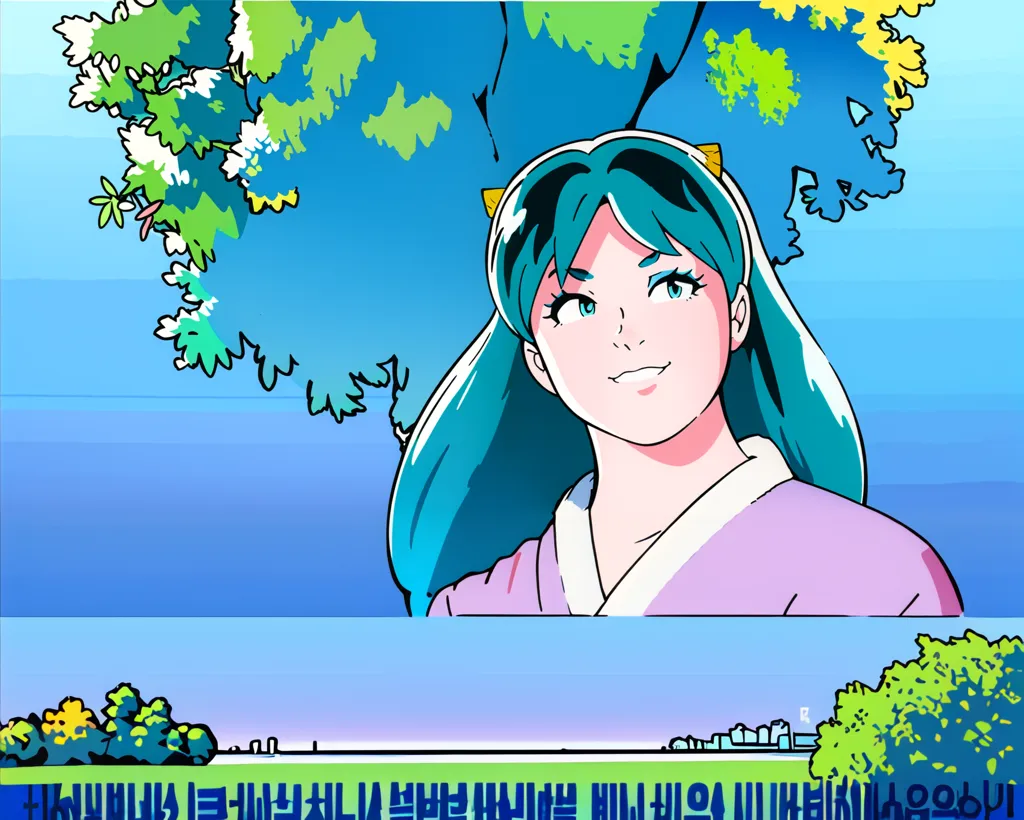 The image is of a woman with blue-green hair, wearing a purple kimono with a white obi. She is standing in front of a blue background with a large tree with pink flowers behind her. The tree is on the left side of the image and its branches are reaching out towards the woman. The woman has a soft smile on her face and her eyes are looking down at the viewer.