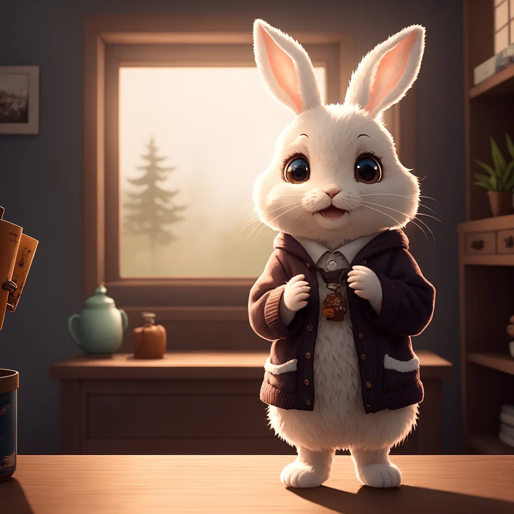 The image shows a cute rabbit standing on a table. The rabbit is white and has big round eyes. It is wearing a brown jacket with a light brown collar. The rabbit is smiling and looks happy. There is a window in the background of the image and a plant on a shelf.