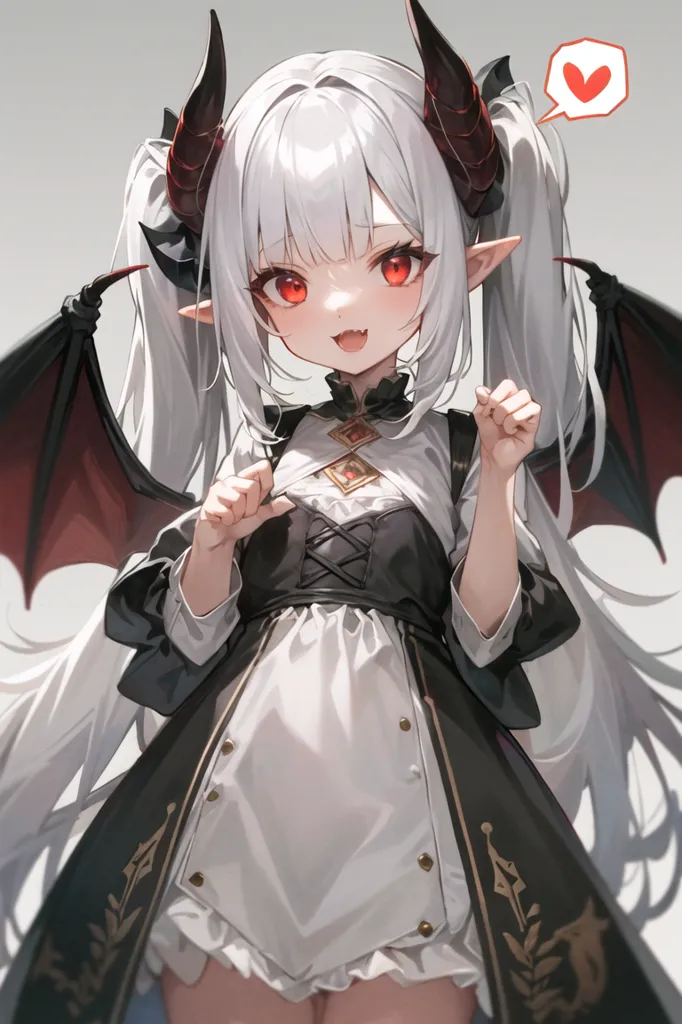 The image is of a young girl with white hair and red eyes. She has devil horns and wings, and is wearing a black and white dress. She has a small, happy expression on her face, and is holding her hands up in front of her. There is a pink heart bubble next to her head.