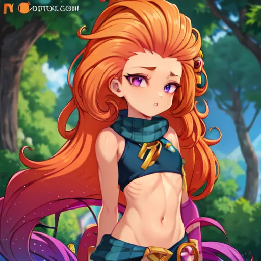 The image is of a young woman with long orange hair and purple eyes. She is wearing a blue and white crop top and a green skirt. She is standing in a forest and looking at the viewer with a curious expression.