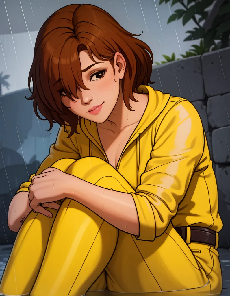 A imagem é de uma mulher jovem com cabelos castanhos e olhos castanhos. Ela está usando um macacão amarelo e está sentada no telhado sob a chuva. Ela tem os joelhos dobrados contra o peito e está olhando para baixo com uma expressão triste no rosto. A chuva está caindo pesadamente e a água está escorrendo de seus cabelos e roupas. O fundo está desfocado e é composto por um prédio e uma árvore.