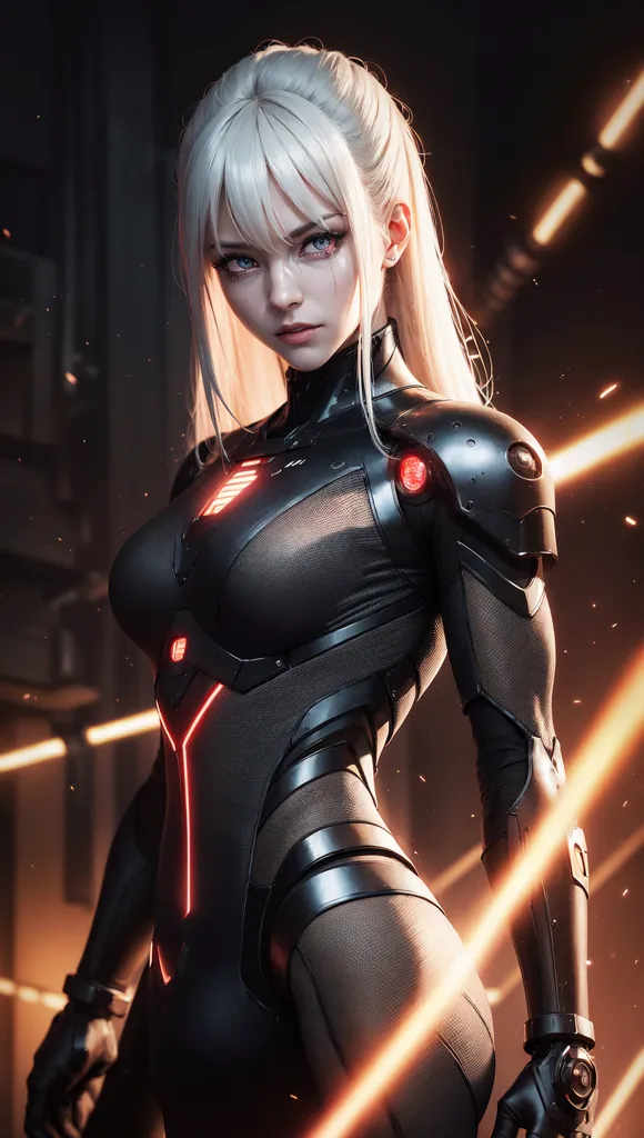 This is an image of a female character wearing a black and grey bodysuit with orange markings. She has white hair that is tied up in a ponytail. She is standing in a dark room with bright lights in the background. There are sparks flying around her. She looks like she is ready for battle.