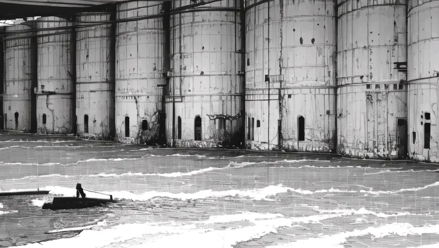 L'image est en noir et blanc. Elle représente une ville inondée. L'eau est trouble et recouvre les parties inférieures des bâtiments. Il y a de grandes structures en béton avec des ouvertures en forme d'arche. Un bateau flotte sur l'eau.