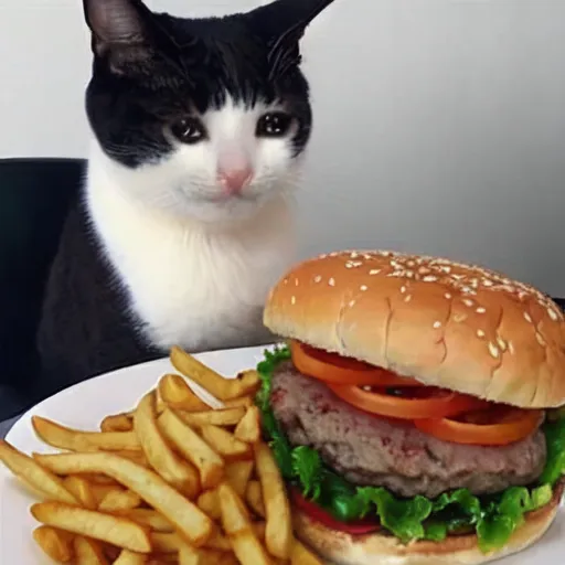 La imagen muestra un gato blanco y negro con una expresión triste en su rostro. Está sentado frente a un plato de comida, que consiste en una hamburguesa y algunas papas fritas. El gato mira la comida con una expresión anhelante, como si quisiera comerla pero no pudiera.