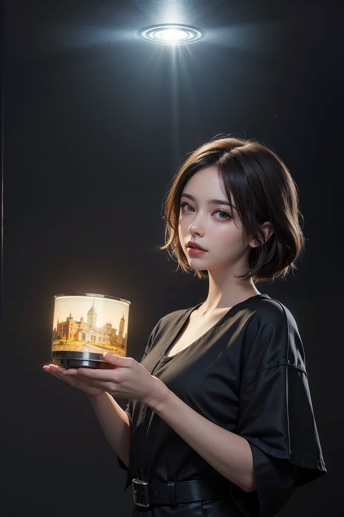 A young woman with short brown hair is holding a glass with a 3D image of a cityscape inside it. She is looking at the camera with a serious expression. She is wearing a black T-shirt and there is a bright light above her head. The background is black.