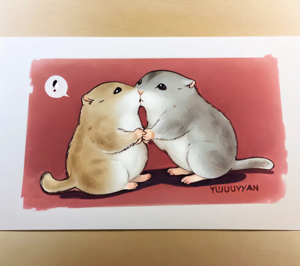 The image shows a pair of gerbils, one brown and one gray, facing each other on a pink background. The gerbils are holding each other's hands and appear to be kissing. There is a speech bubble with a question mark above the brown gerbil's head.