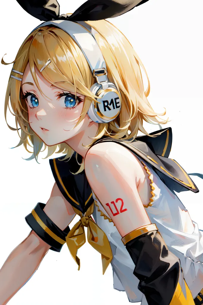 The image is a painting of a young girl with short blonde hair and blue eyes. She is wearing a white and blue sailor-style outfit with a yellow bow at the collar. She also has a pair of headphones on and there is a number 12 tattooed on her arm. The background is white and there is a light coming from the right side of the image.