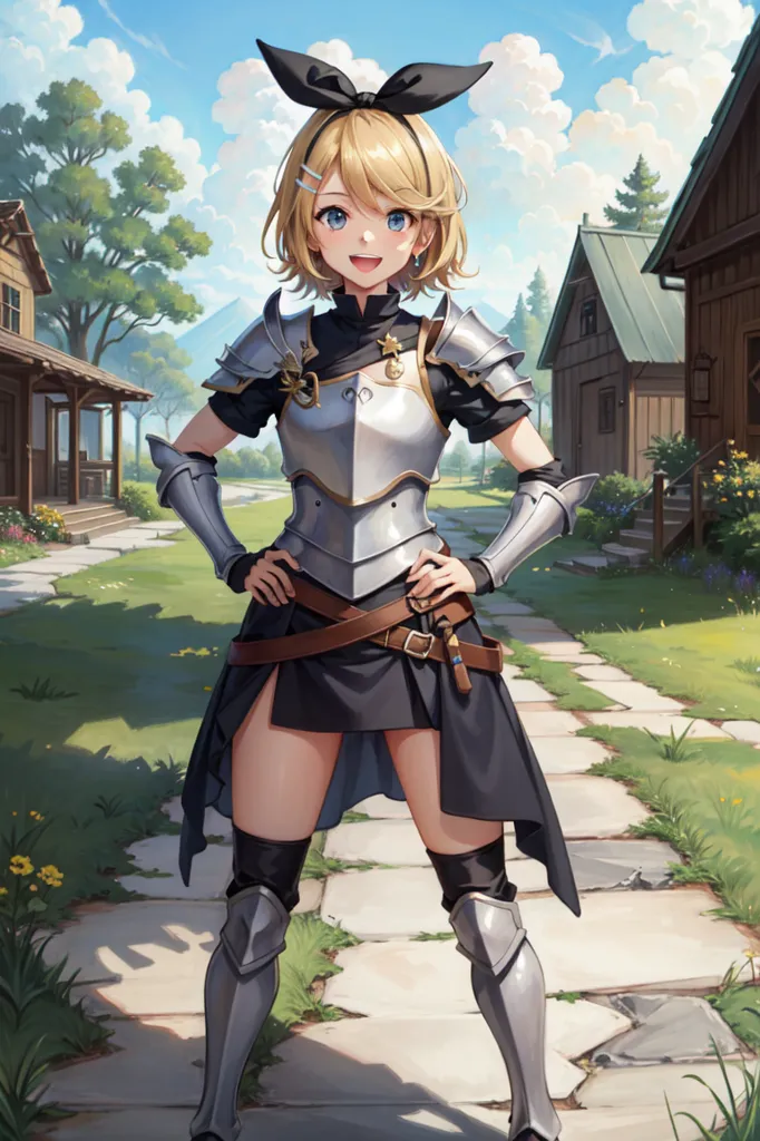 The image shows a young woman standing in a grassy field. She is wearing a white and gray breastplate, a brown belt, and a black skirt. She also has brown boots, a yellow bow in her hair, and a determined smile on her face. In the background, there is a small village with several houses and trees. The sky is blue and there are white clouds.