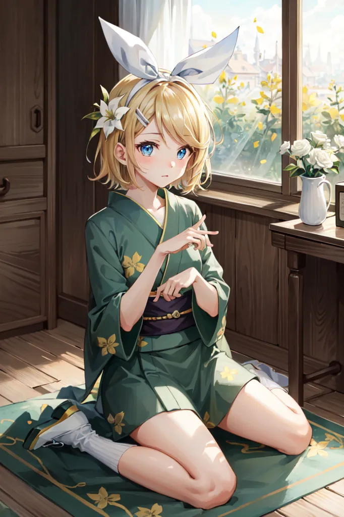 The image depicts a young woman, kneeling on the floor. She is wearing a green kimono with white and yellow floral patterns and a white obi sash. The woman has long blonde hair tied in twin-tails with white and yellow flower hair accessories. She also has blue eyes and light pink blush on her cheeks. The woman is sitting on a green and gold patterned rug, in front of a wooden table with a white vase of white flowers on it. There is a large window behind her, showing a cityscape with tall buildings and a blue sky.