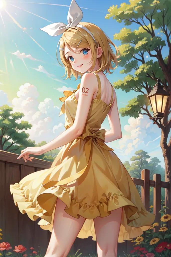 The image shows a young woman with short blonde hair and blue eyes. She is wearing a yellow dress with a white bow in her hair and a white apron. She is standing in a garden with a fence in the background. There are trees, flowers, and a lamppost in the garden. The sun is shining and there are clouds in the sky. The woman is smiling and looks happy.