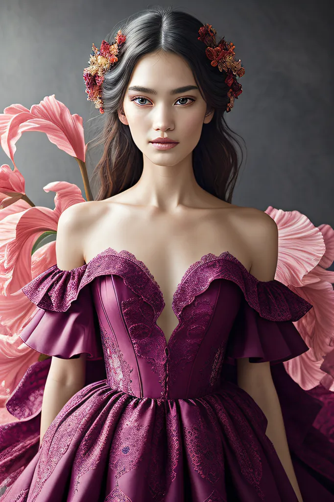 La imagen muestra a una mujer joven con el cabello largo y oscuro y ojos de color púrpura claro. Lleva un vestido morado con un escote descubierto de los hombros y un escote de corazón. El vestido está hecho de un tejido texturizado y tiene un corpiño ajustado. La falda es amplia y cae hasta el suelo. La mujer lleva un collar y una pulsera, ambos hechos de perlas. También lleva una corona de flores. El fondo es de color gris oscuro.