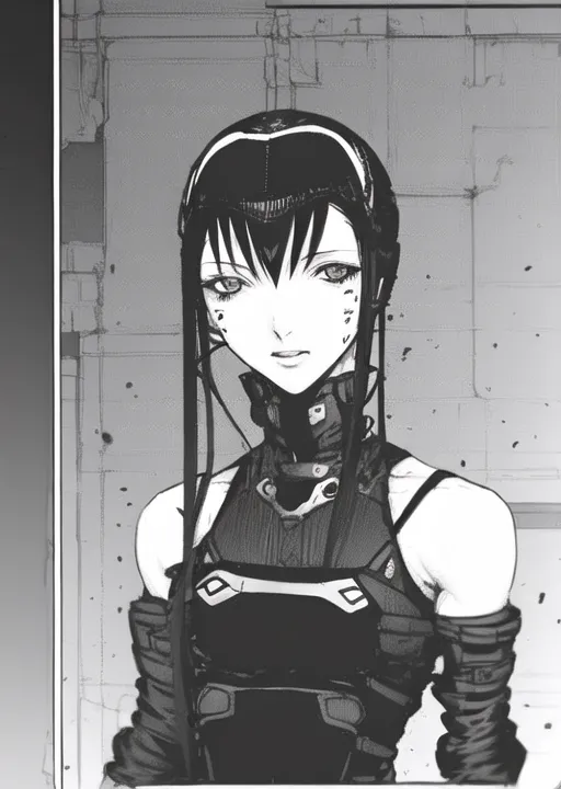 The image is a black and white illustration of a young woman with long black hair. She is wearing a black bodysuit with a high collar and a white symbol on her chest. Her eyes are narrow and her expression is serious. She is standing in front of a grey background with a few scratches on it.