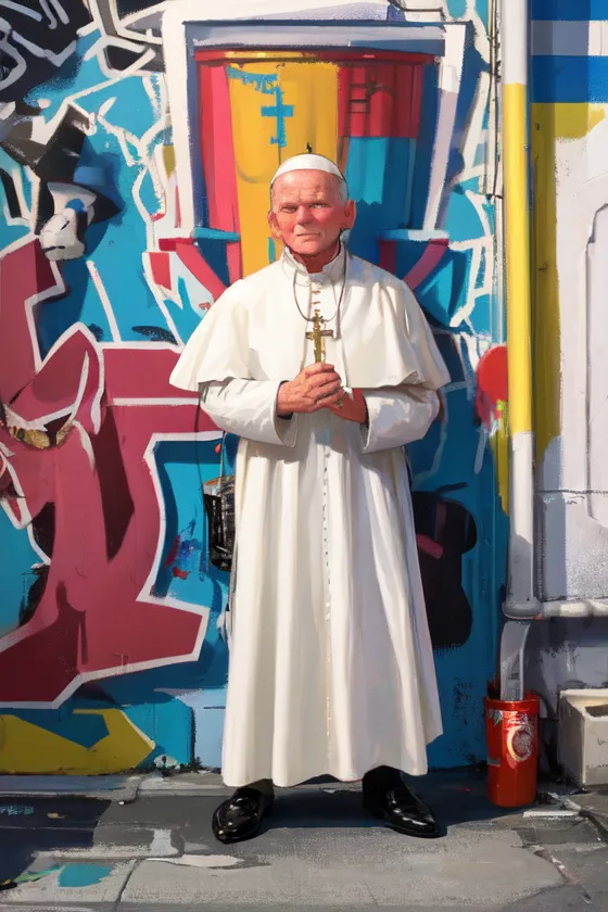 Esta imagen muestra a un hombre vestido con una sotana blanca y una zucchetto blanca. Está de pie frente a una pared cubierta de coloridos grafitis. El hombre tiene las manos cruzadas frente a él y mira al espectador. Lleva una cruz pectoral. La imagen es fotorrealista y los colores son vibrantes.