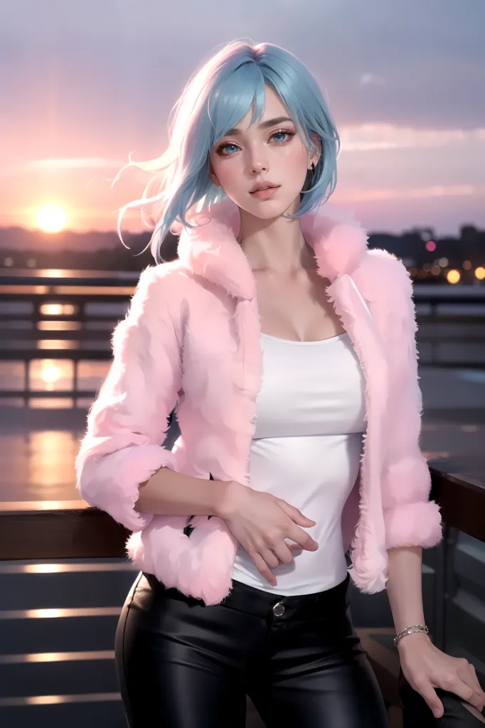 The image shows a young woman standing on a rooftop at sunset. She is wearing a white tank top, a pink fluffy jacket, and black leather pants. She has blue hair and blue eyes. She is looking at the view with a calm expression. The sun is setting behind her, casting a warm glow over the scene. The sky is a gradient of orange, pink, and purple. There are buildings and trees in the background.