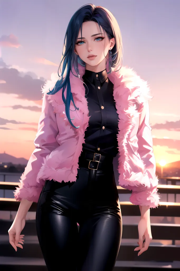 This is an image of a young woman with long blue hair and blue eyes. She is wearing a black shirt and black pants. She is also wearing a pink fur coat. The background of the image is a sunset.