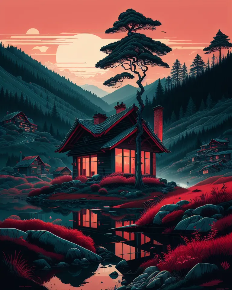 The image is a beautiful landscape of a house in the mountains. The house is surrounded by trees and has a large window looking out onto the lake. The sky is a deep red-orange color, and the mountains are dark. The water in the lake is still. There is a reflection of the house in the water. The image is very peaceful and serene.