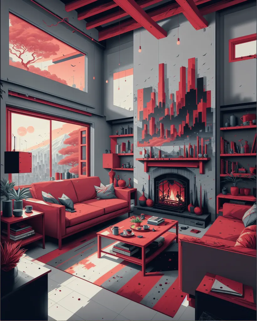 The image is a living room with a large red sofa, a fireplace, and a coffee table. The room is decorated in a modern style with red and gray as the main colors. The walls are painted red with white trim, and the hardwood floors are stained a dark brown. The furniture is mostly red, with a few pieces of white and gray. The coffee table is made of wood and has a glass top. The fireplace has a brick surround, and there is a gray mantel above it. The room is decorated with a few pieces of art, including a painting of a cityscape and a sculpture of a woman. There are also a few plants in the room, including a bonsai tree and a snake plant. The room is well-lit with natural light from the large windows, and there is also a lamp in the corner. The overall effect of the room is one of warmth and comfort.