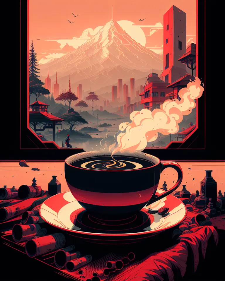 La imagen es una pintura digital de un paisaje urbano. El primer plano es un primer plano de una taza de café en un platillo. El fondo es una vista de una ciudad con una montaña a lo lejos. La ciudad se representa en una gama de colores roja y naranja. La pintura tiene un aire retro-futurista.