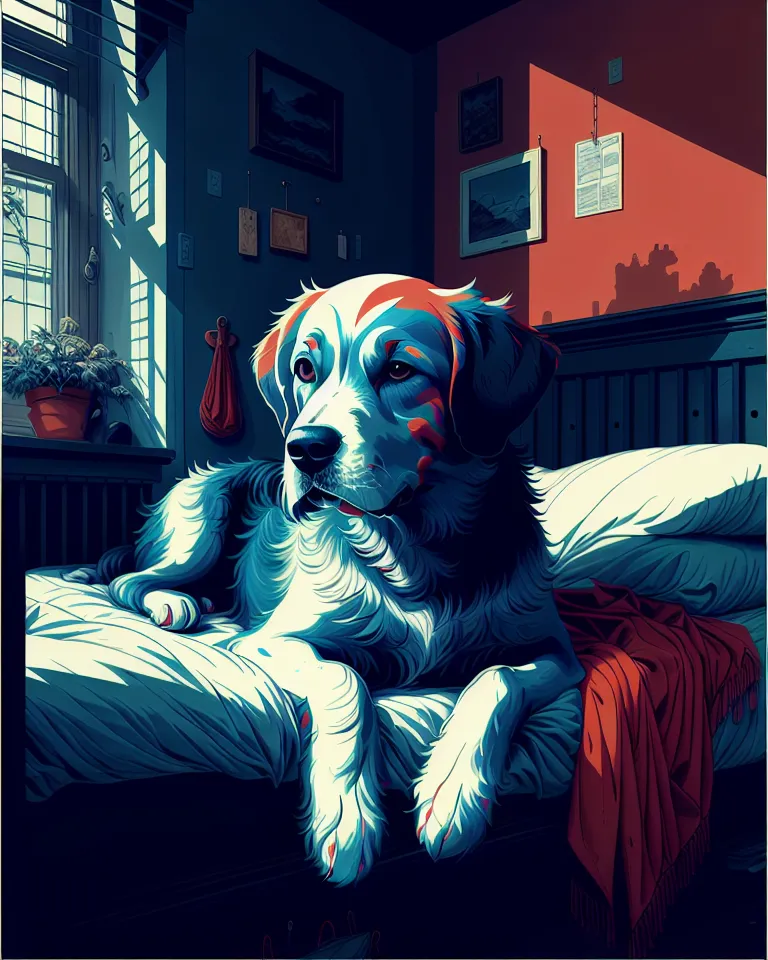 The image is a painting of a dog lying on a bed. The dog is a large, shaggy breed with a white, brown, and black coat. It is lying on a white blanket with its head resting on its paws. The dog has a sad expression on its face. The background of the painting is a dark blue wall with a white window. There is a plant in the window and a picture on the wall. The painting is done in a realistic style with muted colors.