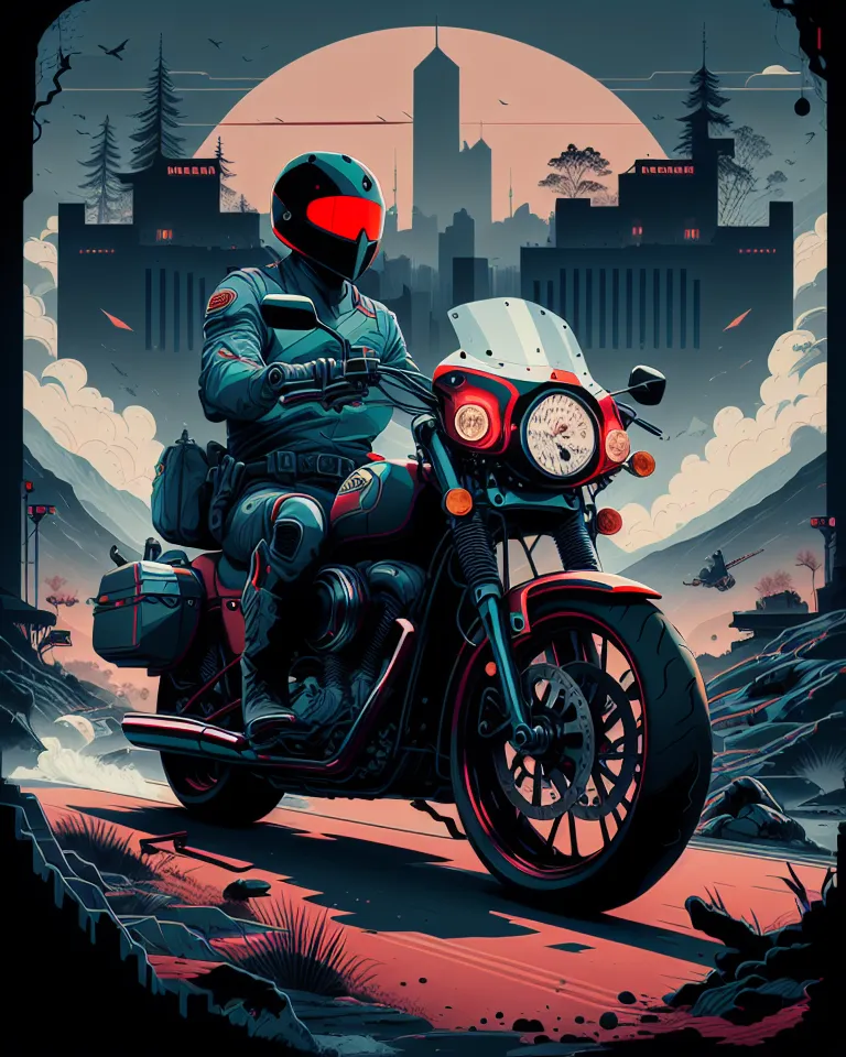 This is a digital painting of a man riding a motorcycle. The man is wearing a black and red helmet and a black leather jacket. He is sitting on a red and black motorcycle. The motorcycle has a chrome engine and a black exhaust pipe. The man is riding in a city. There are tall buildings and trees in the background. The sky is orange and there are clouds in the sky. The man is looking at the road in front of him. He is riding in the right lane. There is a white line on the road. The man is riding on the right side of the white line.