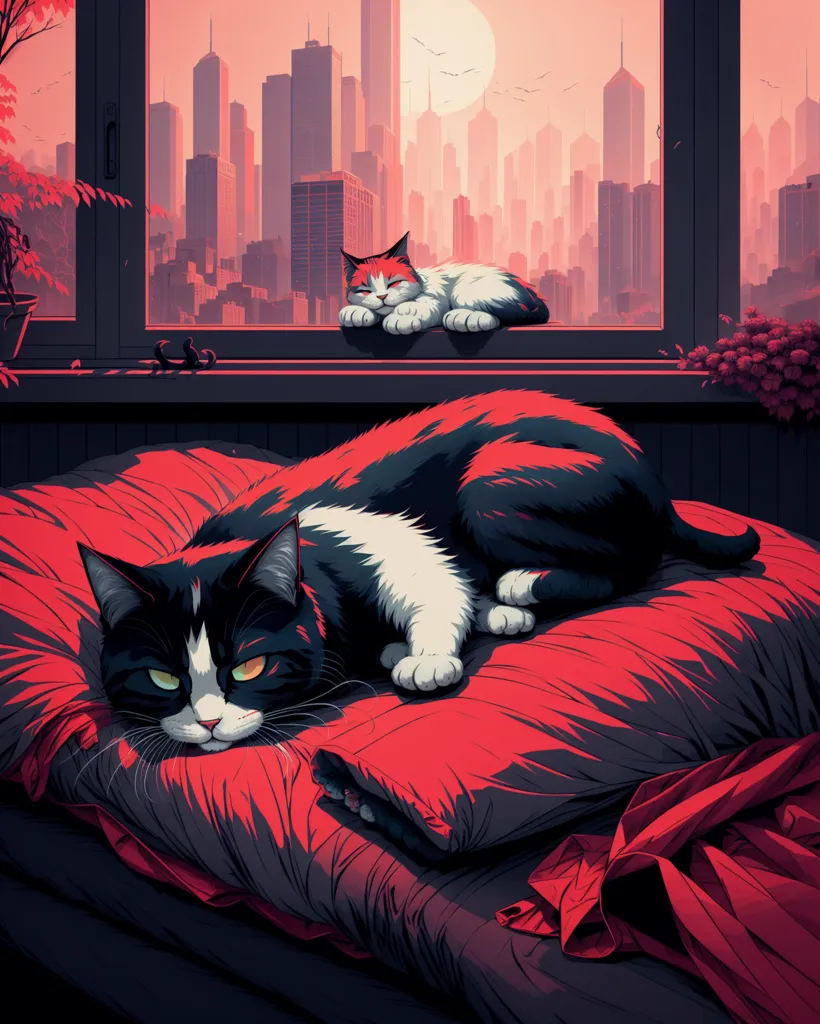 The image is of a cat lying on a red blanket. The cat is black and white with green eyes. It is looking out the window at the city skyline. There is another cat sleeping on top of a cabinet near the window. The city skyline is in the background and is made up of tall buildings. The sky is a gradient of orange and pink.