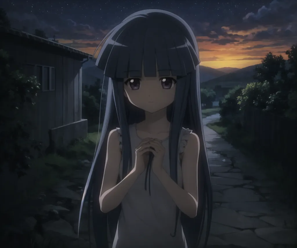 The image is of a young girl with long blue hair and brown eyes. She is wearing a white dress and is standing in a field at sunset. The background is blurred, but it looks like there are trees and mountains in the distance. The girl is looking at the viewer with a sad expression on her face.