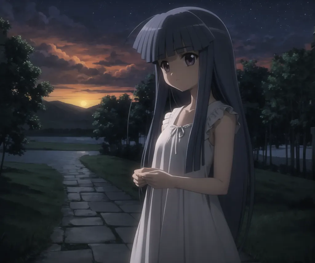 The image is of a girl standing on a stone path in a park at sunset. The sky is orange and the trees are dark green. The girl is wearing a white dress and has long purple hair. She is looking down at her hands.