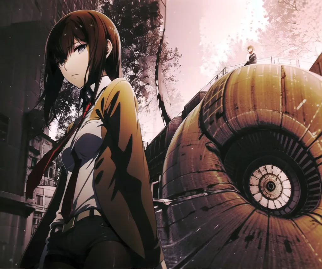 The image is of a young girl with short brown hair and brown eyes. She is wearing a white shirt, a brown jacket, and a red tie. She is standing in front of a large metal structure that resembles a snail shell. The girl has a serious expression on her face.