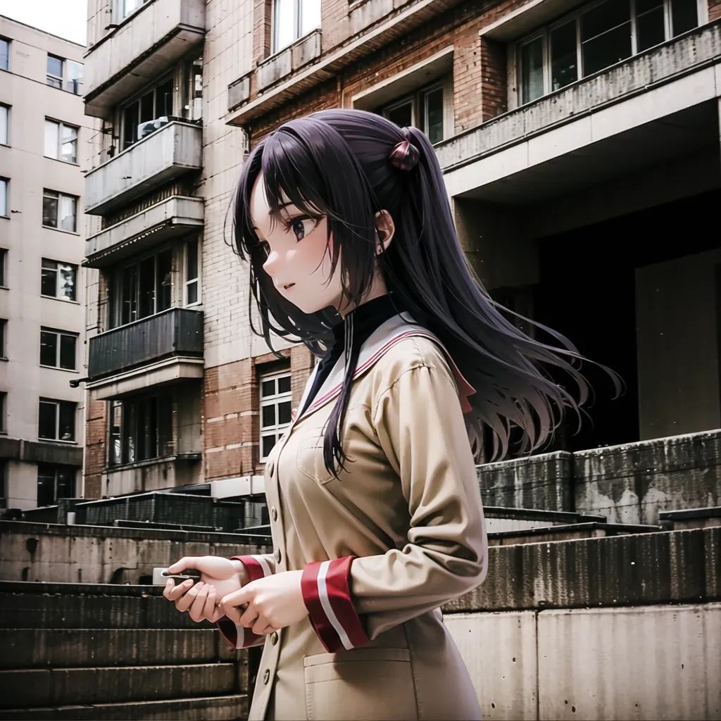 The image is an anime-style drawing of a young girl with long purple hair and brown eyes. She is wearing a beige blazer with a red and white striped collar and a white blouse underneath. She also has a red and white striped tie. The girl is standing in an urban setting, with a large building in the background. She is looking down at her phone.