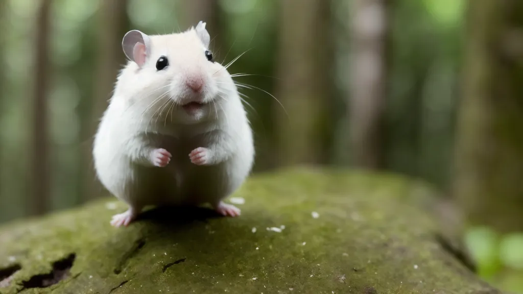 Nesta imagem, há um hamster branco em pé sobre uma rocha coberta de musgo no meio de uma floresta. O hamster está em pé sobre as patas traseiras e olha para a câmera. Ele tem uma barriga branca e patas brancas. Seu pelo é curto e branco. A rocha está coberta de musgo e há algumas folhas verdes ao fundo. O hamster olha para cima em direção à câmera com a cabeça inclinada para o lado. Ele tem uma expressão curiosa no rosto. O fundo da imagem está desfocado, mas parece haver árvores ao longe.