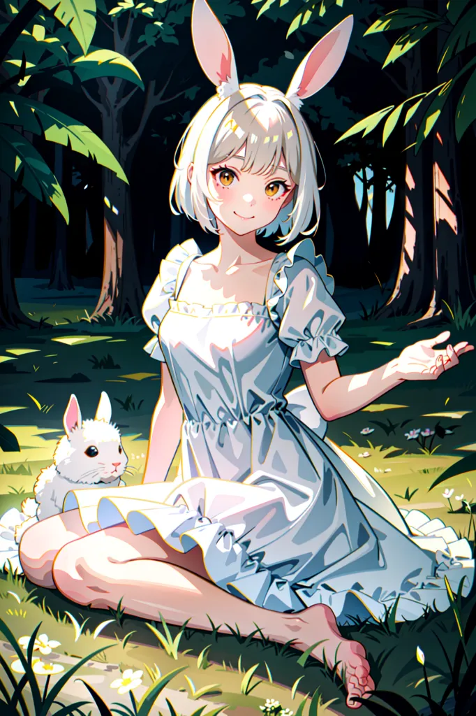 The image is of an anime girl with white hair and rabbit ears. She is wearing a white dress and is sitting in a forest. She has a pet rabbit with her. The girl is smiling and has her hand extended.