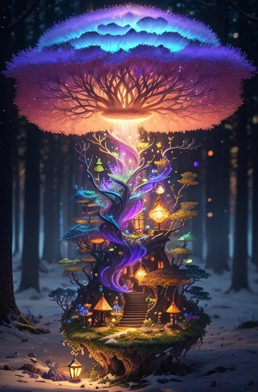 L'image représente un arbre grand et lumineux avec un large chapeau en forme de champignon. L'arbre est recouvert de feuilles violettes, bleues et vertes, et de petites fleurs lumineuses poussent sur les branches. Une maison est construite dans l'arbre, et plusieurs petites créatures de différentes couleurs et vêtements volent autour de l'arbre. L'arbre se trouve dans une forêt, avec d'autres arbres en arrière-plan. Le ciel est sombre, avec plusieurs étoiles. L'image est très colorée et détaillée.