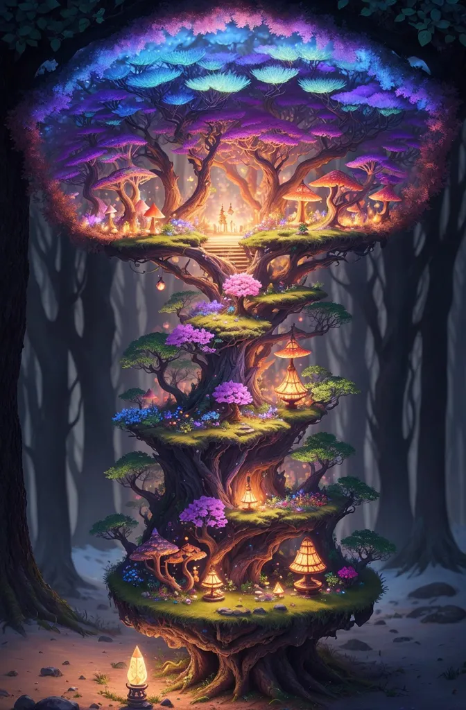 The image is a tall, enchanted tree with many branches. The tree is covered in flowers, mushrooms, and leaves. There are also several small houses built into the tree. The tree is surrounded by a dark forest. There is a staircase leading up to the tree on the left side. There are several glowing lanterns hanging from the branches of the tree. There is a small, glowing mushroom on the ground in the bottom left corner of the image.